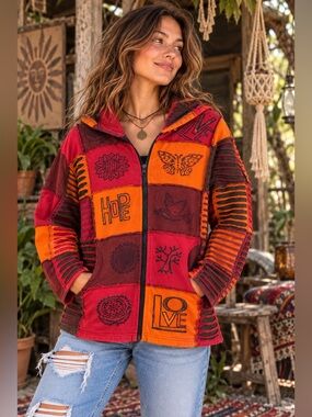 Greater Good Network L/XL Nepal Patchwork Hoodie Boho Hippie Cotton Jacket